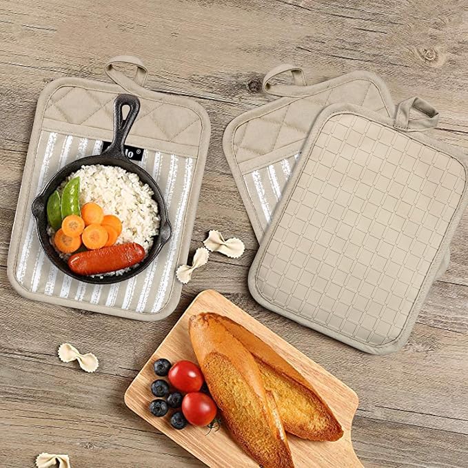 Silicone Pot Holders Set of 3 Heat Resistant & Non Slip Potholders, Professional Oven Hot Pads with Pockets Mitts for Kitchen Cooking Baking Barbecue (Khaki, 3)