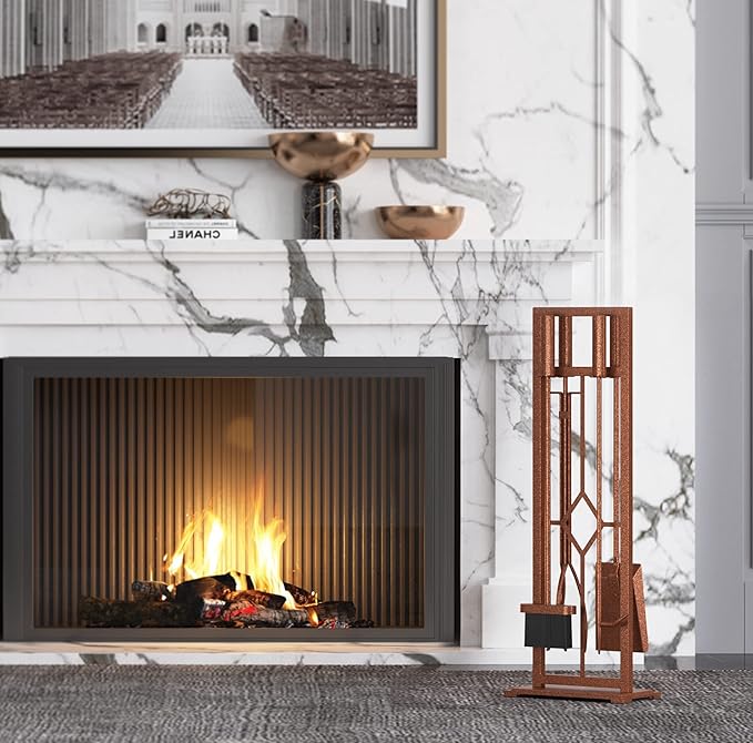 Fire Beauty 5 Pieces Fireplace Tools Set Wrought Iron Fire Place Pit Poker Holder(Antique Bronze)