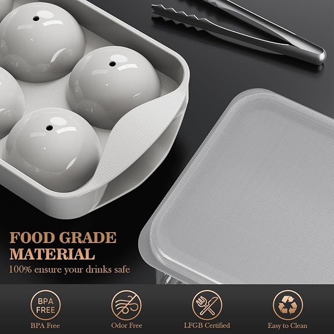 Whiskey Ice Ball Maker with Lid and Bin, 1.9" Round Ice Cube Trays for Freezer, Large Sphere Whisky Ices Cubes Tray Circle with Bucket&Tong, Cocktail Bourbon Brandy Scotch(Gray-6 Balls*2 Pack)