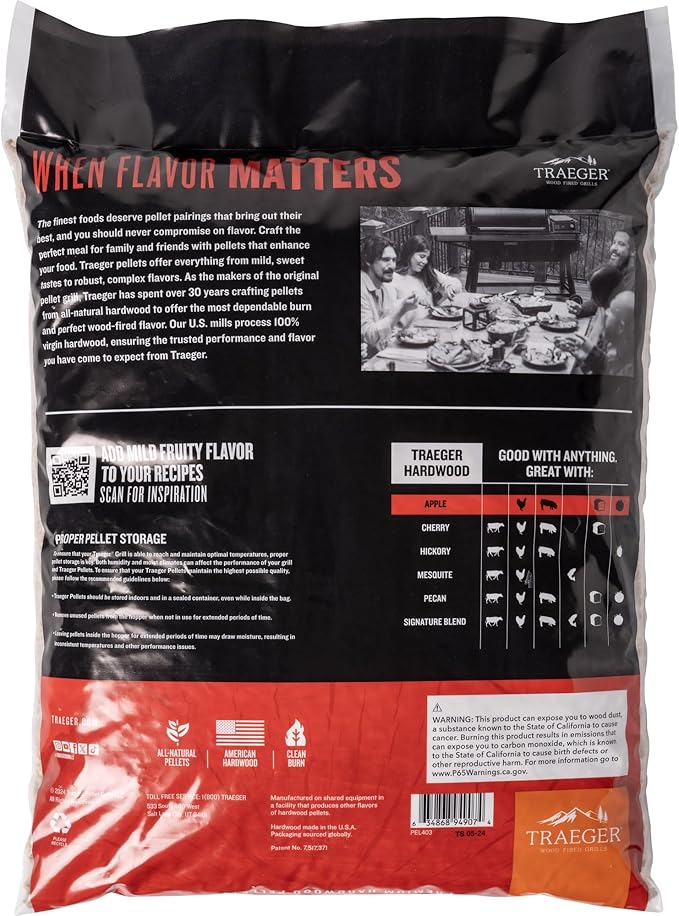 Traeger Grills Apple 100% All-Natural Wood Pellets for Smokers and Pellet Grills, BBQ, Bake, Roast, 18 lb. Bag (Pack of 3)