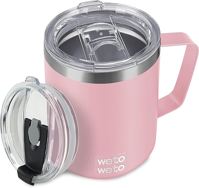 WETOWETO 14 oz Coffee Mug, Vacuum Insulated Camping Mug with Lid, Double Wall Stainless Steel Travel Tumbler Cup, Coffee Mugs Outdoor, Powder Coated Ice Pink