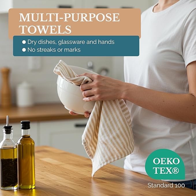 Casa Platino Dish Towels for Kitchen 18" x 28", Dish Towels Set of 6 – Great for Daily Dish Drying, Cooking Prep, and Serving Use, Reliable Kitchen Companions for Spills and Baking Needs- Beige