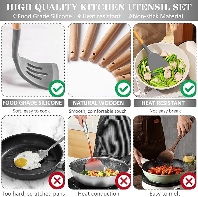 Silicone Cooking Utensils Set, 43Pcs Non-Stick Heat Resistant Kitchen Utensils Spatula Set with Wooden Handle for Baking, Cooking, and Mixing, Best Kitchen Gadgets Tools with Holder (Grey)