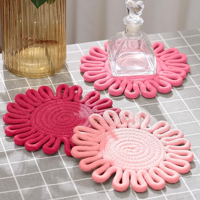 Trivets for Hot Pots and Pans, Trivets for Hot Dishes,Potholders for Kitchen,Hot Pads Hot Mats,Table Decorations,Set of 3, 100% Cotton,7.5"(Pink)