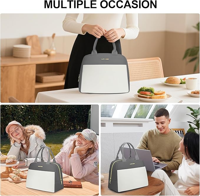 LOKASS Lunch Bag for Women-Insulated Adults Lunch Box with Front Pocket- Small Cute Lunch Tote for Work-Reusable Cooler Bag for Office Picnic Beach or Travel (Dark Grey)
