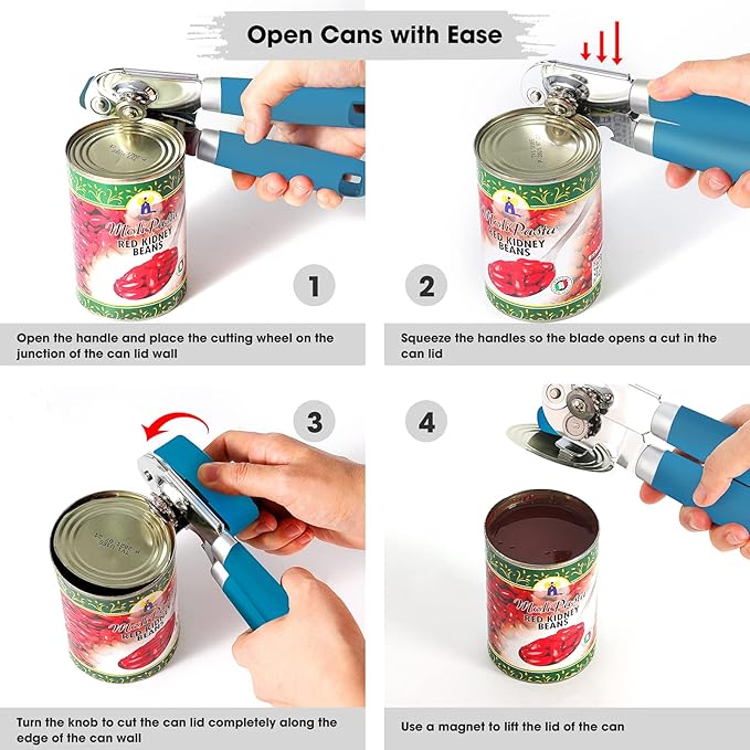 Beneno Heavy Duty Hand Can Opener Manual with Magnet, Durable Sharp Carbon Steel Blade Smooth Cutting, Big Effort-Saving Knob & Soft Grip Handle, Multifunctional Kitchen Tool with Bottle Opener, Aqua