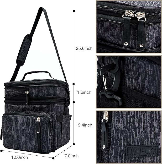 Men's Double Compartment Lunch Bag, Insulated Lunch Cooler Tote 2 Roomy Large Reusable Water-resistant Lunch Box (Blue Print, 15L)