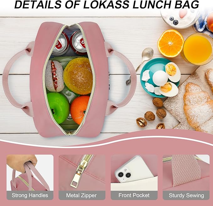 LOKASS Lunch Bag for Women-Insulated Adults Lunch Box with Front Pocket- Small Cute Lunch Tote for Work-Reusable Cooler Bag for Office Picnic Beach or Travel (Pink Purple)