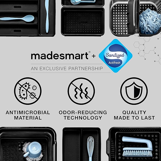 madesmart Premium Antimicrobial 2-Tier Mini Organizer Multi-Purpose Slide-Out Storage with Handles and Dividers for Home and Bath, Pack of 1, Carbon