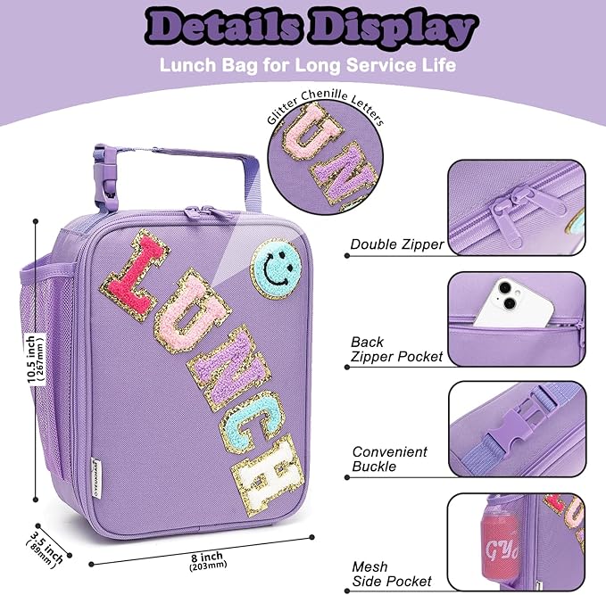 FlowFly Lunch box Insulated Soft Bag Mini Cooler Back to School Thermal Meal Tote Kit With Buckle and Mesh Side Pocket for Girls, Boys, PurpleWithLetter