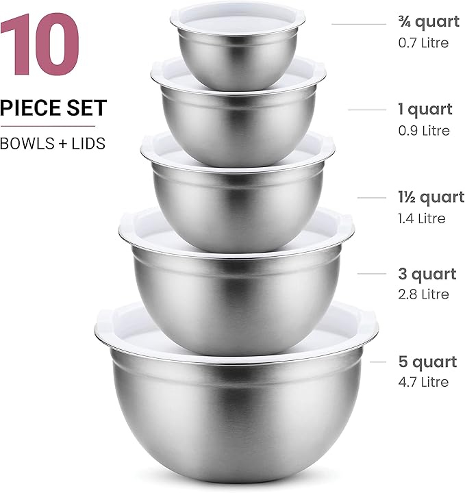Stainless Steel Mixing Bowls Set with Lids, Home Kitchen Cooking Essentials Household Must Haves for Baking, 5 Pieces