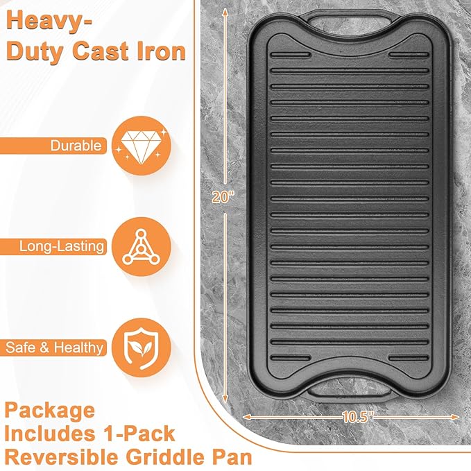 Reversible Cast Iron Griddle Plate for Gas Grill, Stovetop Grill Pan for Electric Stove, Pre-Seasoned Grill Griddle Pan for Gas Stove Top 2 Burner, Extra Large Stove Top Grill Plate 20" x 10.5"