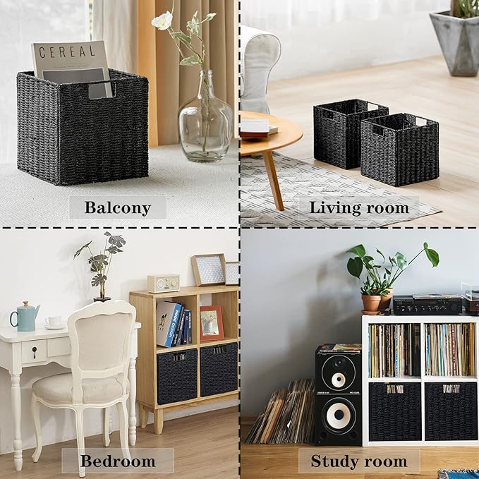 Vagusicc Storage Basket, Set of 2 Hand-Woven Storage Baskets for Organizing with Handles, Foldable Cube Storage Baskets Bins Organizer, 13 inch Large Wicker Baskets for Shelves & Decor, Black