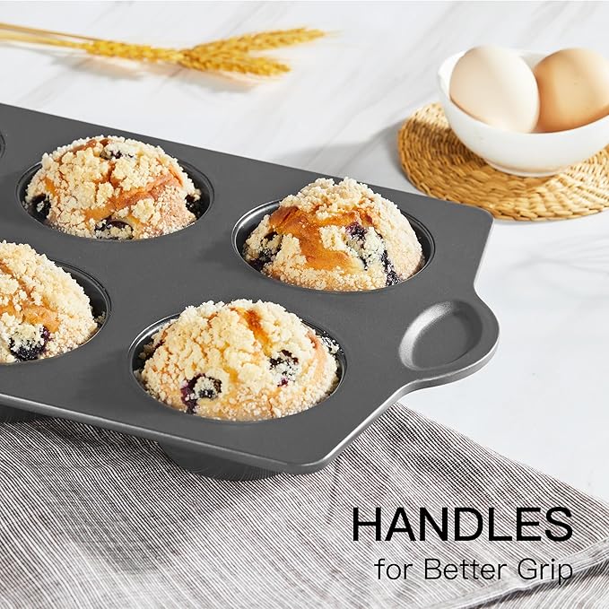 HONGBAKE Nonstick Jumbo Muffin Pan, 2 Pack Large Cupcake Tin for Baking, Cup Cake Tray, 3.5dia, 6 Cup, Premium, Extra Thick, Dishwasher Safe