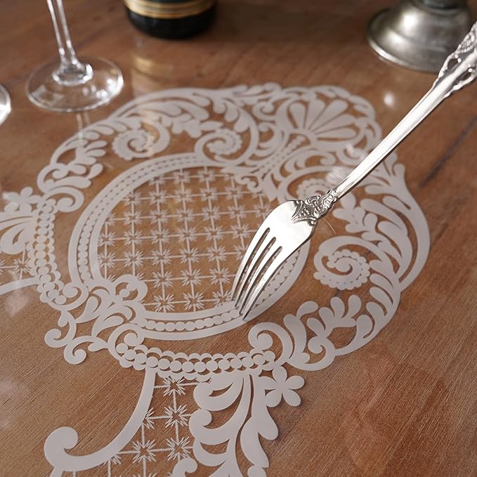 Rectangle Waterproof Clear Table Cover Protector Vinyl Table Cloth Oil Spill Proof Wipe Clean Lace Plastic Tablecloths for Dining Tables (White, 60 x 84 Inches)