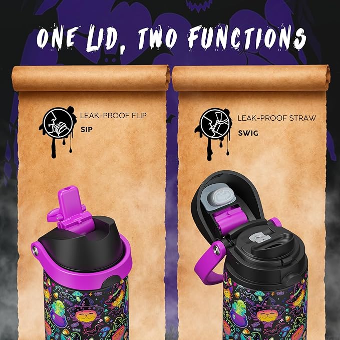 Halloween Insulated Water Bottle with Straw - Stainless Steel Water Bottle with Push Button Lid, Leak-Proof BPA-Free, Keeps Cold for 24 Hours for Halloween gifts, Party (24 oz, Meowgic Night)