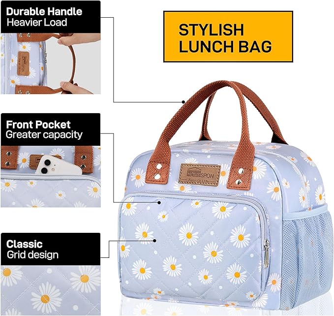 HOMESPON Lunch Bag for Woman Man Adults with Front Pocket Insulated Lunch Tote Lunch Box Container for Work Picnic or Travel(Blue Daisy)
