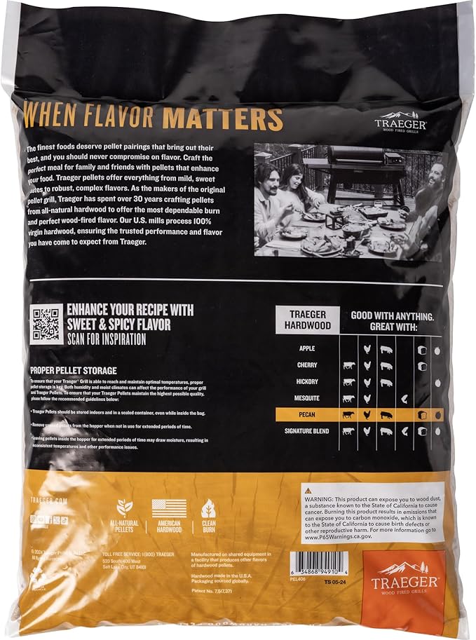Traeger Grills Pecan 100% All-Natural Wood Pellets for Smokers and Pellet Grills, BBQ, Bake, Roast, 18 lb. Bag