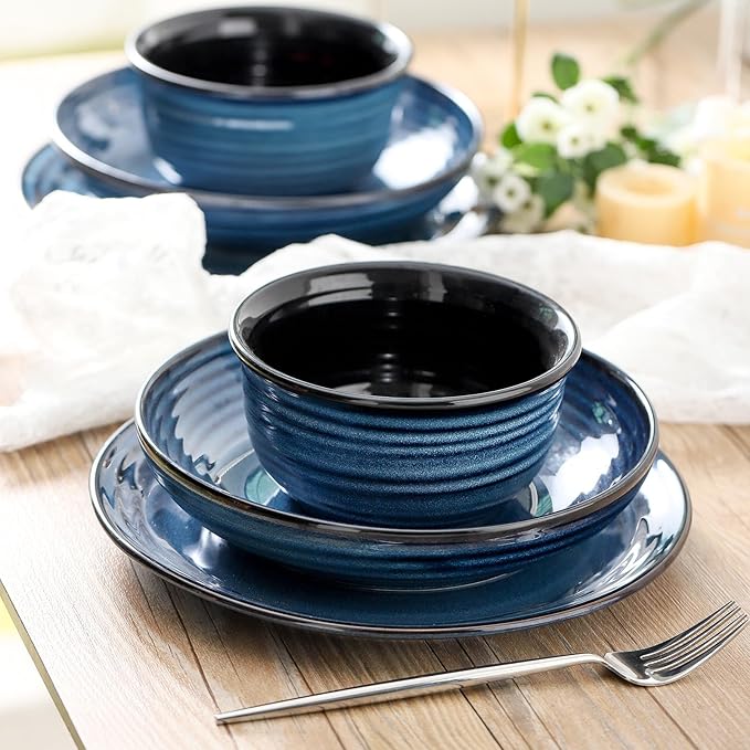Hasense Ceramic Plates and Bowls Dishes Set, 12 Pieces Handmade Reactive Glaze Dinnerware Set of 4 (Plates, Pasta bowls, Cereal Bowls), Chip and Scratch Resistant Dinner Dishes Service, Blue
