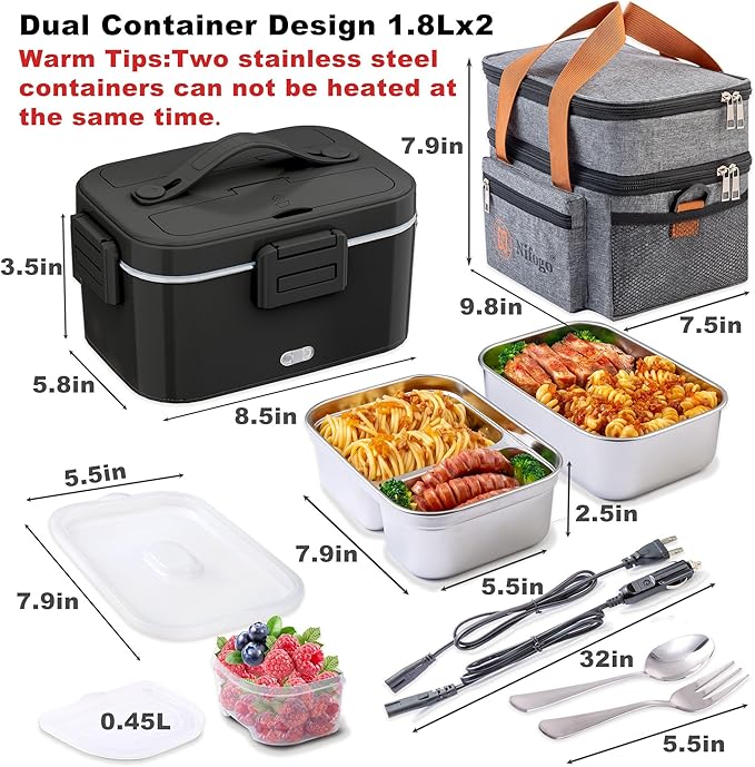 Nifogo Electric Lunch Box for Adults with 2 Stainless Steel Containers 1.8L 80W Heated Lunch Boxes for Men Electric LunchBox Food Heater Portable 12/24/110V for Work Car Truck (Black)