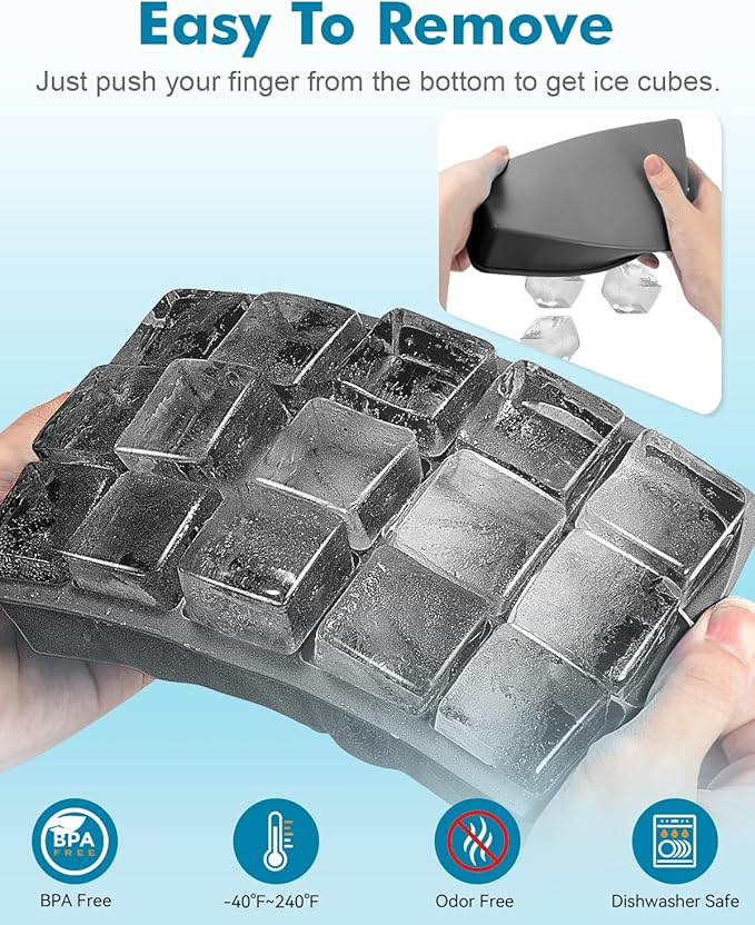 Silicone Ice Cube Trays for Freezer 2 Pack, Easy Release Square Ice Cubes Mold, Best Rubber Ice Cube Tray for Whiskey Cocktail Coffee, Mini Fridge Old Fashioned Silicone Ice Tray
