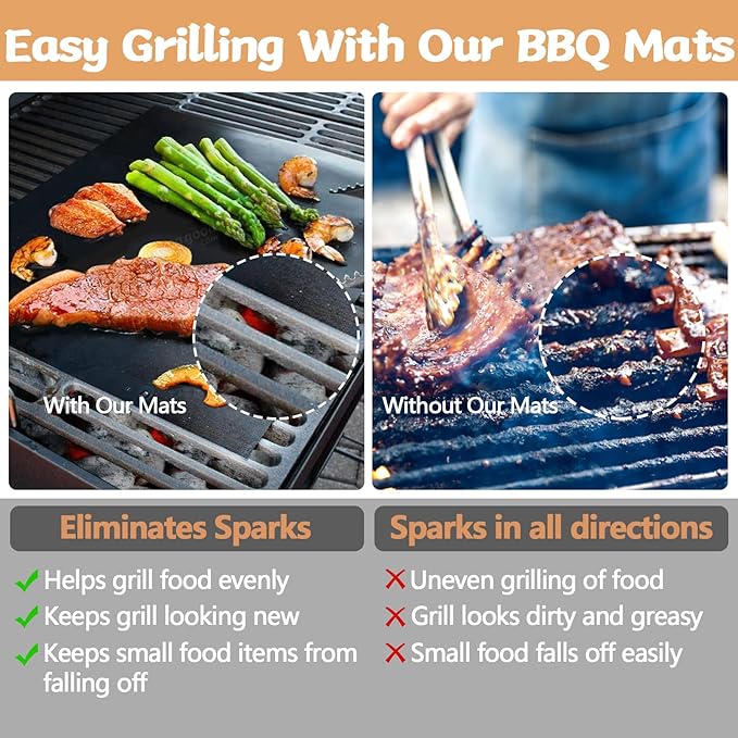 Reusable Grill Mats for Outdoor Grill Set of 6,Heavy Duty Non-Stick BBQ Mats & Oven Liner,Easy to Clean,Works on Gas, Charcoal & Electric Grills - 15.75 x 13 Inch,Black