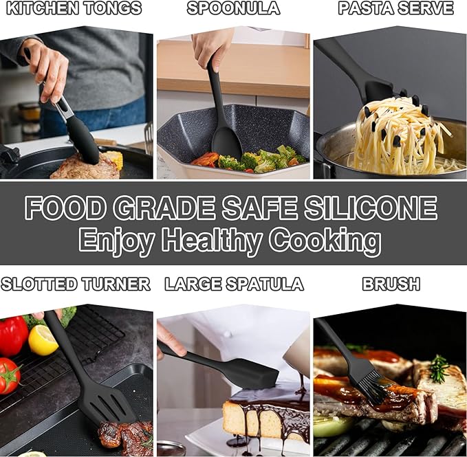 Silicone Kitchen Utensils Set, Umite Chef 22Pcs Cooking Utensils Spatula Set, Heat Resistant Non-Stick Silicone, Dishwasher Safe Cooking Gadgets Tools Set(Black)