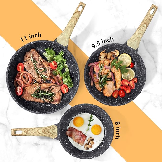 GiPP Non Stick Frying Pan Set - 8" 9.5" 11" Granite Nonstick Skillets, Non Toxic, Omelette Pan with Stay Cool Handle, Induction Compatible, PFAS/PTFE/PFOA Free, Grey