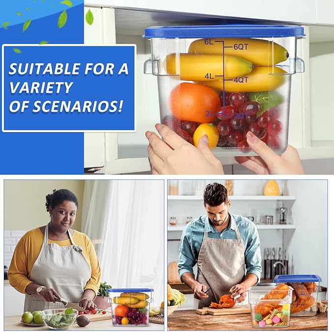 Yungyan 12 Pcs 4 Qt Commercial Food Storage Containers with Lids Restaurant Square Airtight Food Storage Containers Clear Cereal Containers for Kitchen Freezer Dishwasher Pantry(Blue Lid)