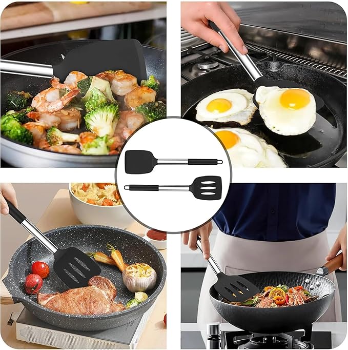 Pack of 4 Silicone Cooking Utensils Set, Non Stick, Heat Resistent Large Solid Spatulas, Slotted Spoons, BPA Free, Kitchen Turners for Frying, Mixing,Serving,Draining,Turning,Stirring