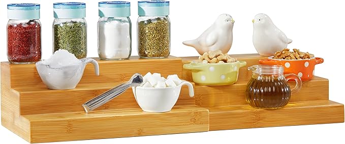 RoyalHouse Bamboo Expandable Spice Rack Organizer, 3-Tier Adjustable Kitchen Cabinet, Countertop Display Shelf, Space Organizer for Kitchen and Bathroom