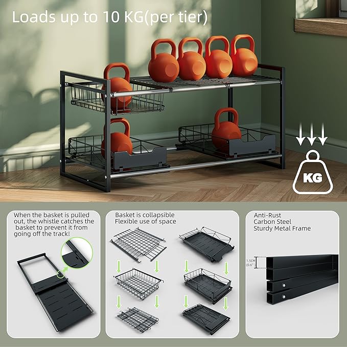 NETEL Under Sink Organizers and Storage,Kitchen Cabinet Organizer,2 Tier Under Sink Expandable Shelves，Bathroom Cabinet Organizer with Pull Out Drawers,(30.9-31.64)" W x 14.69" D x 15.83" H,Black
