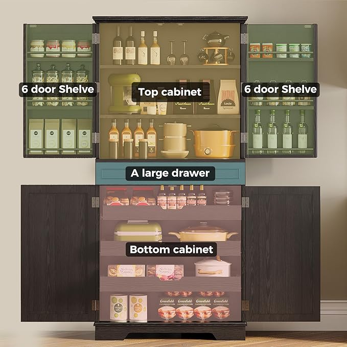 IRONCK Farmhouse Kitchen Pantry Cabinet, 72" Height Tall Freestanding Cupboard with Sliding Storage Rack and 6 Hanging Shelves for Kitchen, Dining Room, Black
