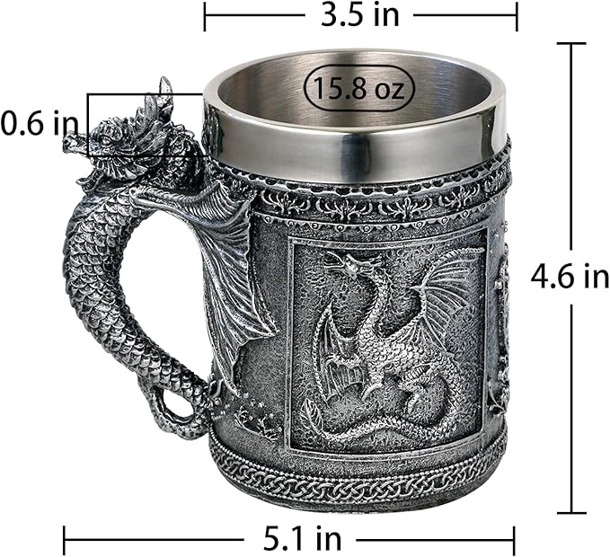Medieval Roaring Dragon Coffee Mug - Dungeons and Dragons Beer Stein Tankard Drink Cup - 15.8oz Stainless Mug for GOT Dragon Lovers Collector Ideal Novelty Gothic Father Day Gift Party Decoration