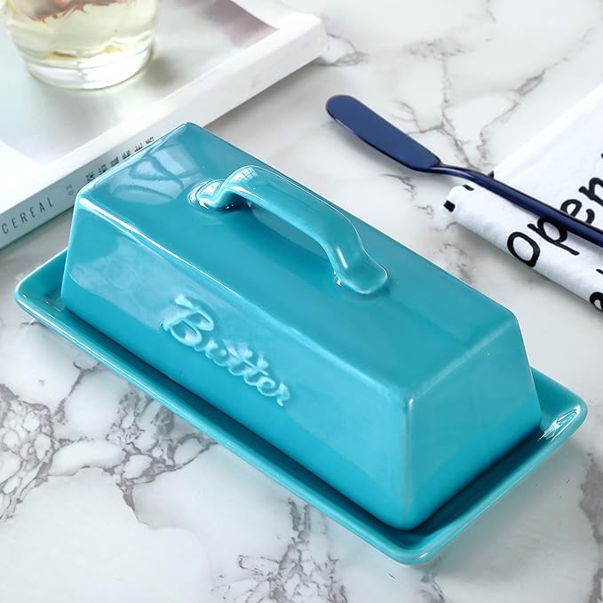 Bruntmor Porcelain Butter Keeper With Handle Cover, French Butter Dish Ceramic Butter Holder Container for Countertop, Butter Dish with Lid, Teal