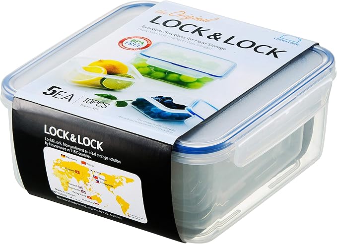 LOCK & LOCK Easy Essentials Food Storage lids/Airtight containers, BPA Free, 10 Piece - Square, Clear