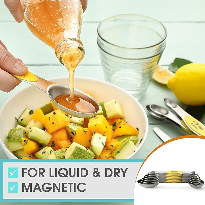 Spring Chef Magnetic Measuring Spoons Set, Dual Sided, Stainless Steel, Fits in Spice Jars, Yellow, Set of 8, 2 Pack