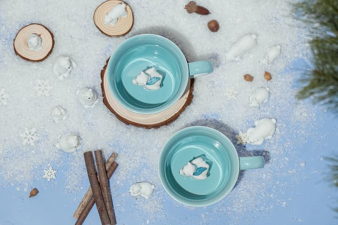 DIHOclub Skiing Polar Bear Ceramic Cup Hidden Animal Inside Mug Cute Cartoon Handmade Figurine Mugs,Holiday and Birthday Gift for Coffee Milk Tea Lovers,12 OZ(Blue White)