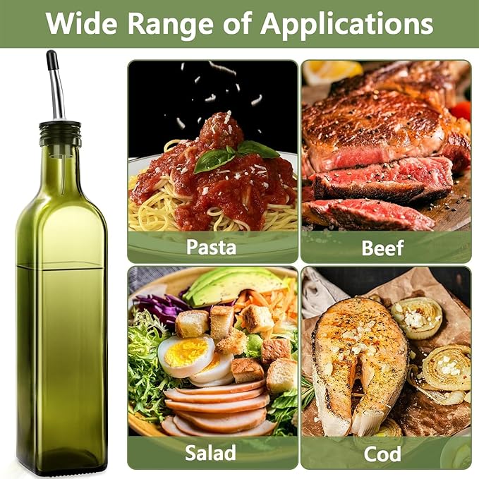 2 Pcs Green Glass Olive Oil Dispenser and Vinegar Dispenser Set with 2 Stainless Steel Pourers, 4 Labels, 1 Brush, 1 Funnel (500ml) for Kitchen, Cooking, Salad Dressing, Barbecue, Mixing