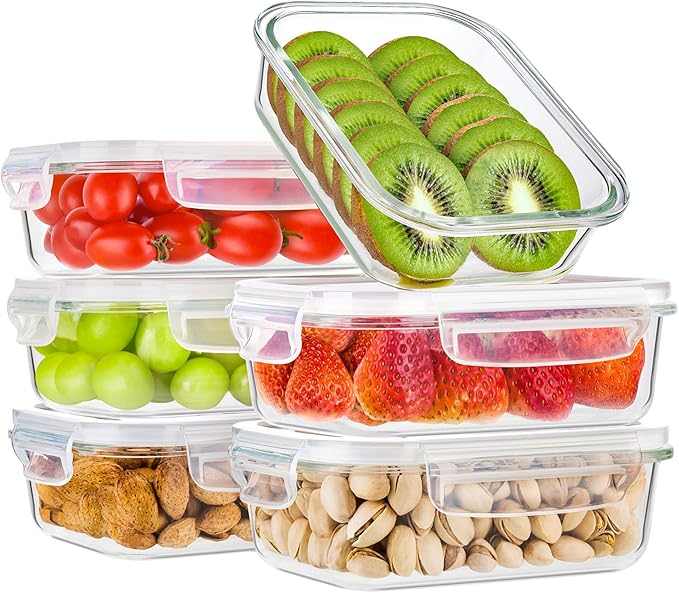 Bayco 6 Pack Glass Meal Prep Containers with Lids, Airtight Glass Lunch Bento Boxes, BPA-Free & Leak Proof (6 Lids & 6 Containers)
