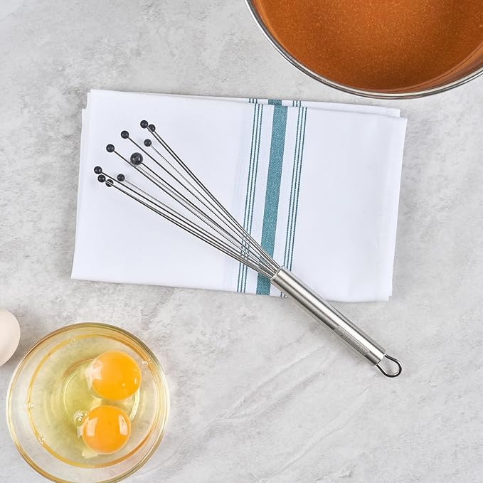 Restaurantware-German Standard 10.6 Inch Ball Whisk, 1 Kitchen Whisk With Silicone Balls - Ergonomic Handle, Dishwashable, Stainless Steel Manual Egg Beater, Durable, For Whisking, Stirring, Mixing