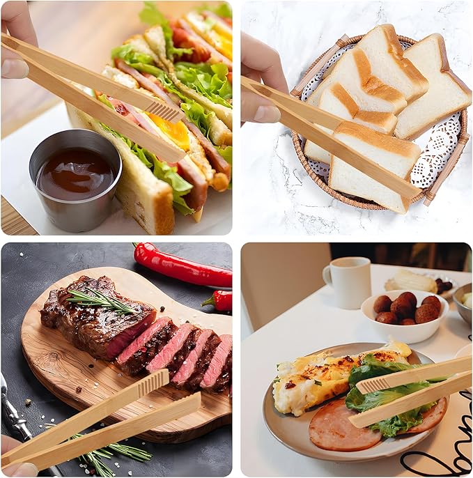 2 Pieces Natural Bamboo Toaster Tongs,9.8-Inch Long Bamboo Toast Tongs with Anti-slip Design,Heat-Resistant Tongs for Cooking and Serving