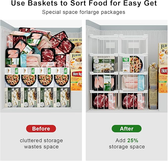 Freezer Storage Organize Baskets - 6 Pack Stackable Deep Freezer Organizer Bins for Most 7 Cu.FT Chest Freezer with Handles, Sturdy but Light, Metal Coated, Add Space, Easy to Reach