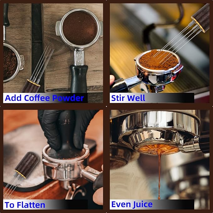 Espresso Coffee Stirrer 5 Needles 0.4mm Espresso Distribution Tools, Natural Wood Handle and Stand (Walnut)