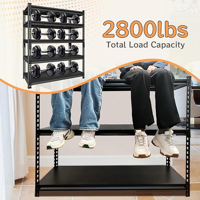 Adjustable Shelving Units and Storage, 48”W Garage Shelving Heavy Duty,2800LBS Loads 5-Tier Garage Storage Shelves, Metal Shelves for Living Room,Pantry,48”W×24”D×78”W,Black