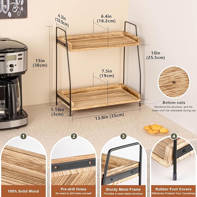 Countertop Coffee Station Organizer, 2 Tier Wooden Shelf for Coffee Bar Accessories, Condiment Storage Caddy for Kitchen, Home, Office - Brown