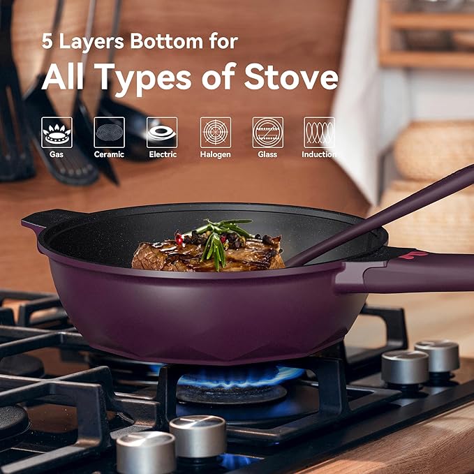 TIBORANG 8 in 1 Multipurpose 11 Inch 5 Quart Heat Indicator Nonstick Deep Frying Pan with Glass Lid,Steamed Grid,PFOA-Free,Dishwasher&Oven Safe,Works with All Stovetops (Midnight Purple)