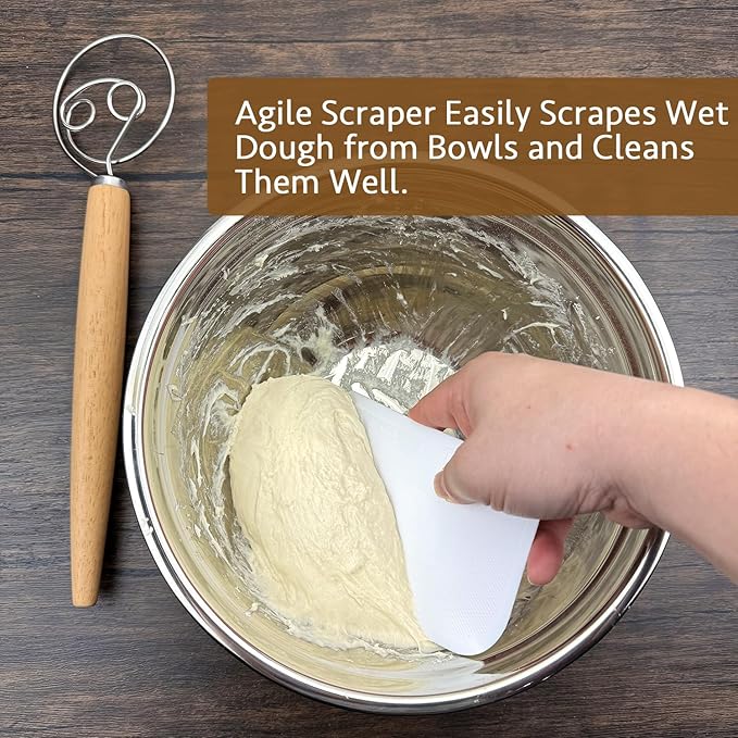 CAMKYDE 13-Inch Danish Dough Whisk and Scraper, Wooden Danish Whisks for Dough with 18/8 Stainless Steel Dough Hook, Sturdiness Dutch Bread Whisk for Sourdough, Pizza, Pastry, Cake Batter