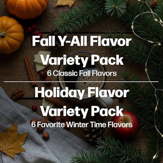 Maud’s Holiday & Fall Flavored Coffee Pods Variety Pack Bundle, 48ct, 11 Assorted Seasonal Flavors, Medium Roast Coffee in Recyclable Single Serve Pods 100% Arabica Coffee, Compatible with Keurig K Cups Maker