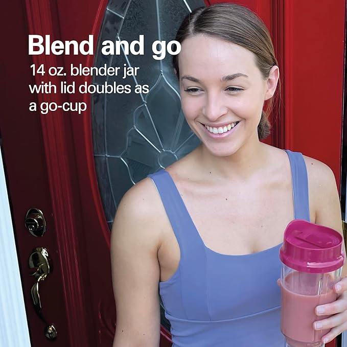 Hamilton Beach Portable Blender for Shakes and Smoothies, 14 Oz BPA Free Travel Cup & Lid, Durable Stainless Steel Blades, Personal Smoothie Blender, Raspberry, 51131G